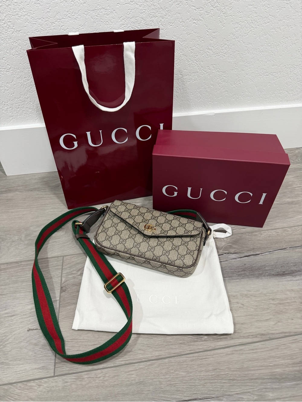 Gucci Ophidia Pochette in Beige and Ebony Supreme with Box, Dust Bag